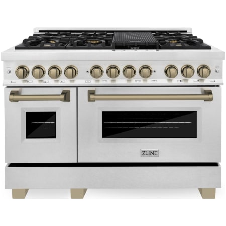 ZLINE Autograph Edition 48 Inch Wide 6 Cu. Ft. Free Standing Fingerprint Resistant Dual Fuel Range with Brass Burners, Champagne Bronze Accents, and Griddle Stainless Steel