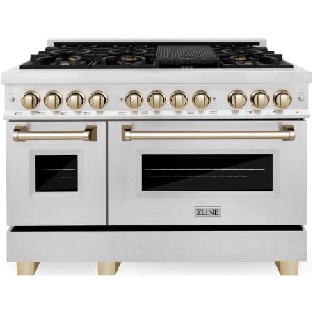 ZLINE Autograph Edition 48 Inch Wide 6 Cu. Ft. Free Standing Fingerprint Resistant Dual Fuel Range with Brass Burners, Gold Accents, and Griddle Stainless Steel