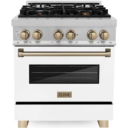 ZLINE Autograph Edition 30 Inch Wide 4 Cu. Ft. Free Standing Fingerprint Resistant Dual Fuel Range with Brass Burners, Champagne Bronze Accents, and White Matte Door Stainless Steel / White Matte