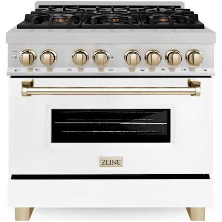 ZLINE Autograph Edition 36 Inch Wide 4.6 Cu. Ft. Free Standing Fingerprint Resistant Dual Fuel Range with Brass Burners, Gold Accents, and White Matte Door Stainless Steel / White Matte
