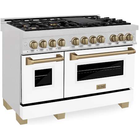 ZLINE Autograph Edition 48 Inch Wide 6 Cu. Ft. Free Standing Fingerprint Resistant Dual Fuel Range with Brass Burners, Champagne Bronze Accents, and White Matte Door Stainless Steel / White Matte