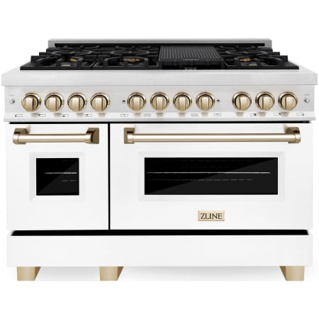 ZLINE Autograph Edition 48 Inch Wide 6 Cu. Ft. Free Standing Fingerprint Resistant Dual Fuel Range with Brass Burners, Gold Accents, and White Matte Door Stainless Steel / White Matte