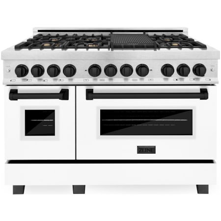 ZLINE Autograph Edition 48 Inch Wide 6 Cu. Ft. Free Standing Fingerprint Resistant Dual Fuel Range with Brass Burners, Matte Black Accents, and White Matte Door Stainless Steel / White Matte
