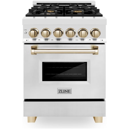 ZLINE Autograph Edition 24 Inch Wide 2.8 Cu. Ft. Free Standing Dual Fuel Range with Brass Burners and Polished Gold Accents Stainless Steel