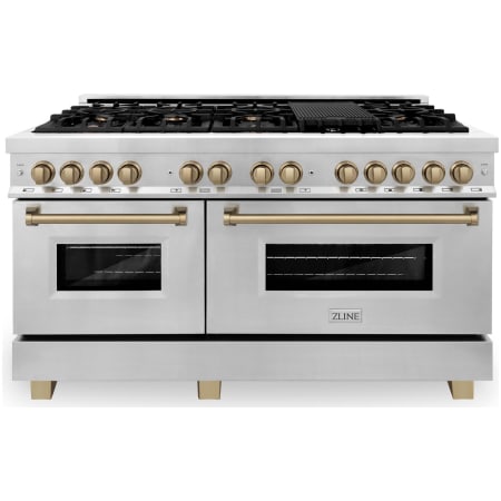 ZLINE Autograph Edition 60 Inch Wide 7.4 Cu. Ft. Free Standing Dual Fuel Range with Brass Burners, Champagne Bronze Accents, and Griddle Stainless Steel