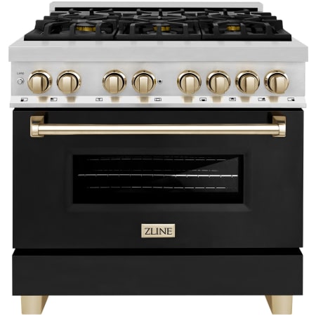 ZLINE Autograph Edition 36 Inch Wide 4.6 Cu. Ft. Free Standing Dual Fuel Range with Black Matte Door, Brass Burners, and Polished Gold Accents Stainless Steel / Black Matte