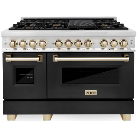 ZLINE Autograph Edition 48 Inch Wide 6 Cu. Ft. Free Standing Dual Fuel Range with Black Matte Door, Brass Burners, Griddle, and Polished Gold Accents Stainless Steel / Black Matte