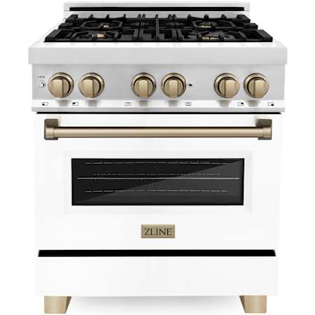 ZLINE Autograph Edition 30 Inch Wide 4 Cu. Ft. Free Standing Dual Fuel Range with Brass Burners, Champagne Bronze Accents, and White Matte Door Stainless Steel / White Matte