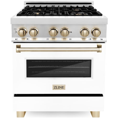 ZLINE Autograph Edition 30 Inch Wide 4 Cu. Ft. Free Standing Dual Fuel Range with Brass Burners, Gold Accents, and White Matte Door Stainless Steel / White Matte