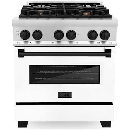 ZLINE Autograph Edition 30 Inch Wide 4 Cu. Ft. Free Standing Dual Fuel Range with Brass Burners, Matte Black Accents, and White Matte Door Stainless Steel / White Matte