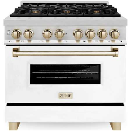 ZLINE Autograph Edition 36 Inch Wide 4.6 Cu. Ft. Free Standing Dual Fuel Range with Brass Burners, Gold Accents, and White Matte Door Stainless Steel / White Matte