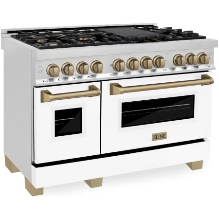 ZLINE Autograph Edition 48 Inch Wide 6 Cu. Ft. Free Standing Dual Fuel Range with Brass Burners, Champagne Bronze Accents, Griddle, and White Matte Door Stainless Steel / White Matte