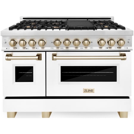 ZLINE Autograph Edition 48 Inch Wide 6 Cu. Ft. Free Standing Dual Fuel Range with Brass Burners, Gold Accents, Griddle, and White Matte Door Stainless Steel / White Matte