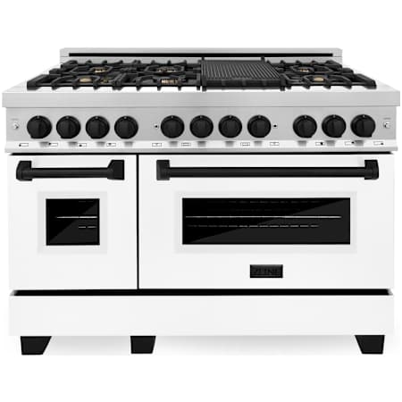 ZLINE Autograph Edition 48 Inch Wide 6 Cu. Ft. Free Standing Dual Fuel Range with Brass Burners, Griddle, Matte Black Accents, and White Matte Door Stainless Steel / White Matte