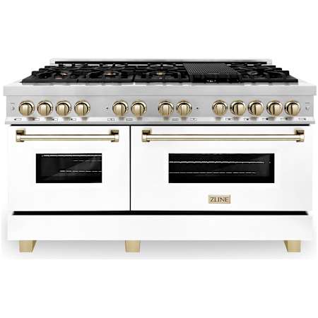 ZLINE Autograph Edition 60 Inch Wide 7.4 Cu. Ft. Free Standing Dual Fuel Range with Brass Burners, Griddle, Polished Gold Accents, and White Matte Door Stainless Steel / White Matte