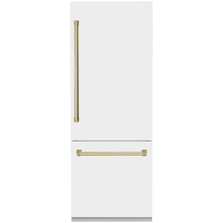ZLINE Autograph Edition 30 Inch Wide 16.1 Cu. Ft. Energy Star Certified Bottom Freezer Refrigerator in White Matte with Polished Gold Handles Stainless Steel / Polished Gold