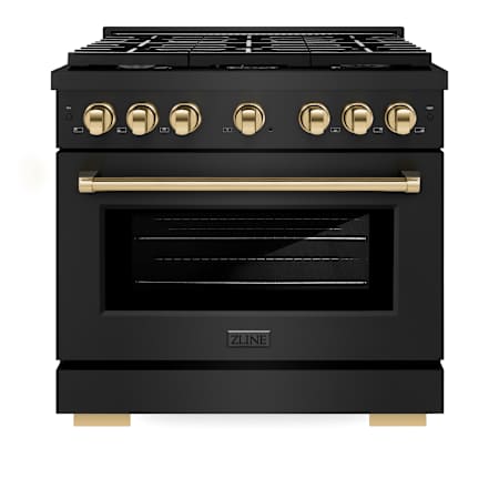 ZLINE 36 Inch Wide 5.2 Cu. Ft. Free Standing Dual Fuel Range with Exclusive Knobs and Handle and Polished Gold Accents Black Stainless Steel