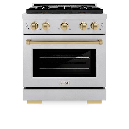ZLINE 30 Inch Wide 4.2 Cu. Ft. Free Standing Fingerprint Resistant Dual Fuel Range with Champagne Bronze Accents and Fast Preheating DuraSnow Stainless Steel