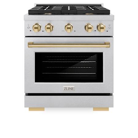 ZLINE 30 Inch Wide 4.2 Cu. Ft. Free Standing Fingerprint Resistant Dual Fuel Range with Fast Preheating and Polished Gold Accents DuraSnow Stainless Steel
