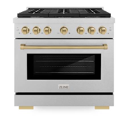 ZLINE 36 Inch Wide 5.2 Cu. Ft. Free Standing Fingerprint Resistant Dual Fuel Range with Champagne Bronze Accents and Fast Preheating DuraSnow Stainless Steel