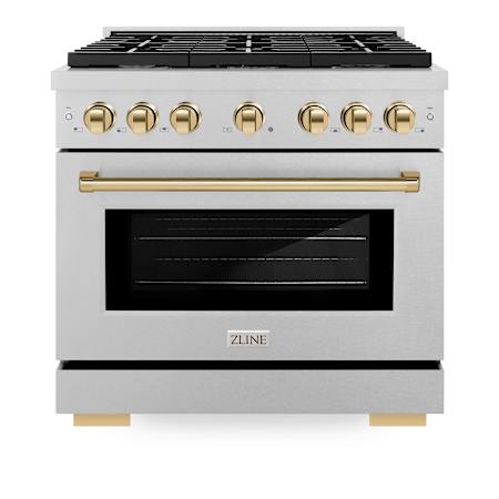 ZLINE 36 Inch Wide 5.2 Cu. Ft. Free Standing Fingerprint Resistant Dual Fuel Range with Fast Preheating and Polished Gold Accents DuraSnow Stainless Steel