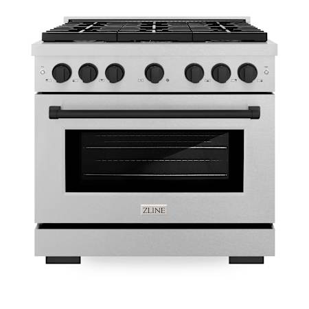ZLINE 36 Inch Wide 5.2 Cu. Ft. Free Standing Fingerprint Resistant Dual Fuel Range with Fast Preheating and Matte Black Accents DuraSnow Stainless Steel