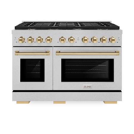 ZLINE 47.875 Inch Wide 6.7 Cu. Ft. Free Standing Fingerprint Resistant Dual Fuel Range with Fast Preheating and Polished Gold Accents DuraSnow Stainless Steel