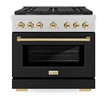 ZLINE 36 Inch Wide 6.7 Cu. Ft. Free Standing Fingerprint Resistant Dual Fuel Range with Horizon Oven Window and Polished Gold Accents Durasnow Stainless Steel / Black Matte