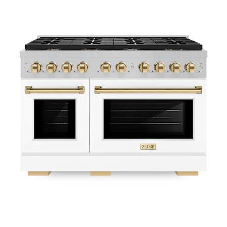 ZLINE 47.875 Inch Wide 6.7 Cu. Ft. Free Standing Fingerprint Resistant Dual Fuel Range with Horizon Oven Windows, Polished Gold Accents, and White Matte Door Durasnow Stainless Steel / White Matte