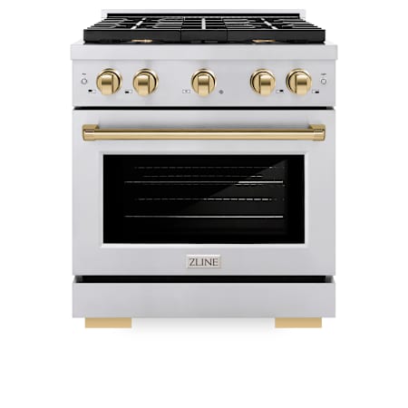 ZLINE 30 Inch Wide 4.2 Cu. Ft. Free Standing Dual Fuel Range with Fast Preheating and Polished Gold Accents Stainless Steel