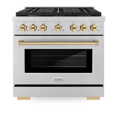 ZLINE 36 Inch Wide 5.2 Cu. Ft. Free Standing Dual Fuel Range with Fast Preheating and Polished Gold Accents Stainless Steel