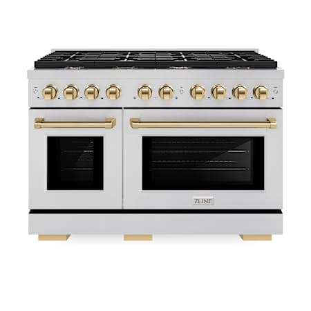 ZLINE 47.875 Inch Wide 6.7 Cu. Ft. Free Standing Dual Fuel Range with Exclusive Knobs and Handles and Polished Gold Accents Stainless Steel