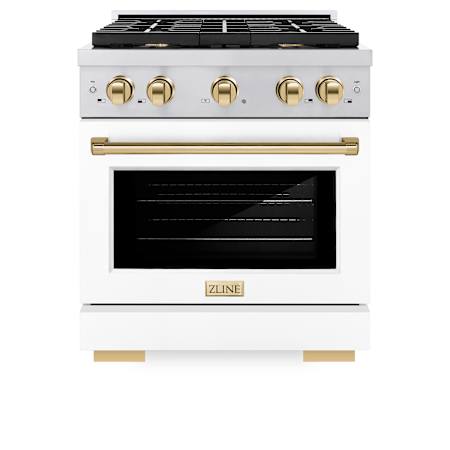 ZLINE 30 Inch Wide 4.2 Cu. Ft. Free Standing Dual Fuel Range with Horizon Oven Window, Polished Gold Accents, and White Matte Door Stainless Steel / White Matte