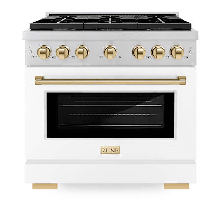 ZLINE 36 Inch Wide 5.2 Cu. Ft. Free Standing Dual Fuel Range with Horizon Oven Window, Polished Gold Accents, and White Matte Door Stainless Steel / White Matte
