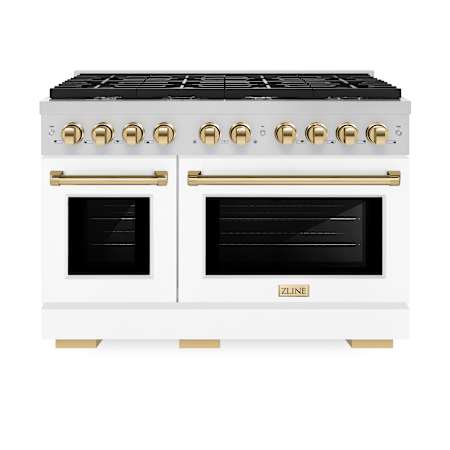 ZLINE 47.875 Inch Wide 6.7 Cu. Ft. Free Standing Dual Fuel Range with Horizon Oven Windows, Polished Gold Accents, and White Matte Door Stainless Steel / White Matte
