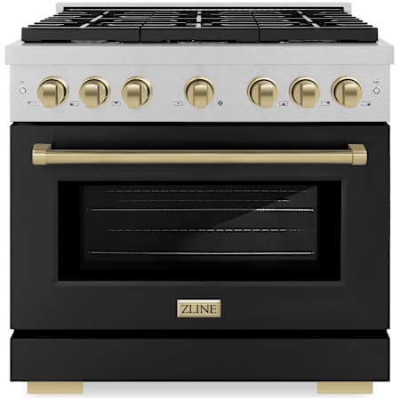 ZLINE Autograph Edition 36 Inch Wide 5.2 Cu. Ft. Free Standing Fingerprint Resistant Gas Range with Black Matte Door, Champagne Bronze Accents, and Italian-Made Sealed Burners Stainless Steel / Black Matte