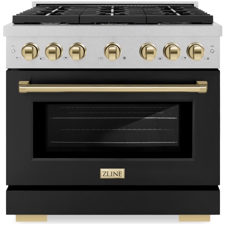 ZLINE Autograph Edition 36 Inch Wide 5.2 Cu. Ft. Free Standing Fingerprint Resistant Gas Range with Black Matte Door, Polished Gold Accents, and Italian-Made Sealed Burners Stainless Steel / Black Matte