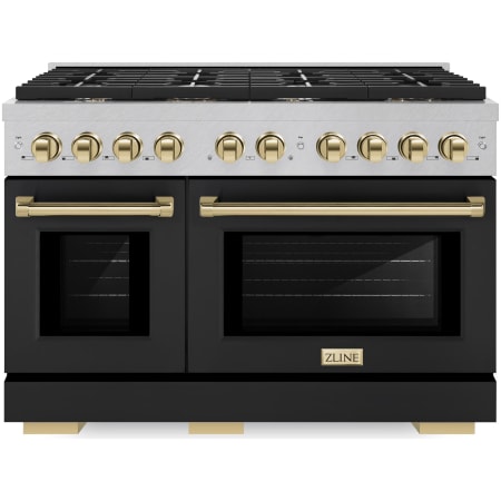 ZLINE Autograph Edition 48 Inch Wide 6.7 Cu. Ft. Free Standing Fingerprint Resistant Gas Range with Black Matte Door, Polished Gold Accents, and Italian-Made Sealed Burners Stainless Steel / Black Matte