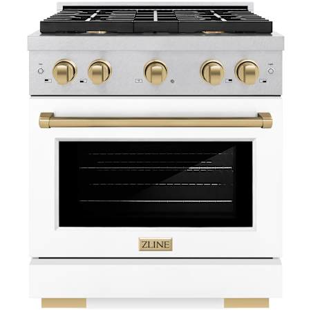 ZLINE Autograph Edition 30 Inch Wide 4.2 Cu. Ft. Free Standing Fingerprint Resistant Gas Range with Italian-Made Sealed Burners, Champagne Bronze Accents, and White Matte Door Stainless Steel / White Matte