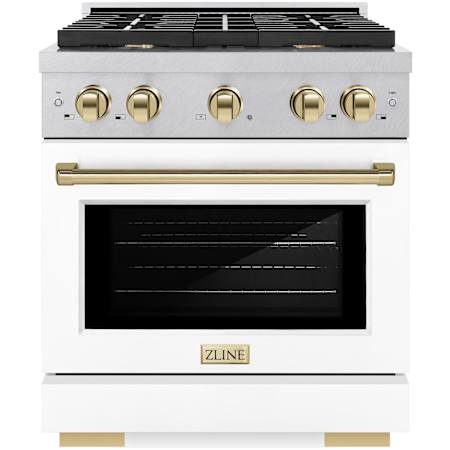 ZLINE Autograph Edition 30 Inch Wide 4.2 Cu. Ft. Free Standing Fingerprint Resistant Gas Range with Italian-Made Sealed Burners, Polished Gold Accents, and White Matte Door Stainless Steel / White Matte