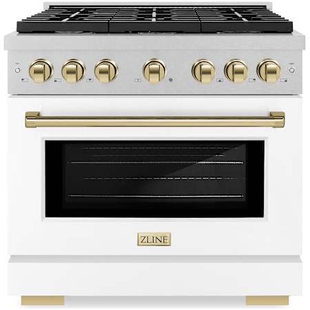 ZLINE Autograph Edition 36 Inch Wide 5.2 Cu. Ft. Free Standing Fingerprint Resistant Gas Range with Polished Gold Accents, White Matte Door, and Italian-Made Sealed Burners Stainless Steel / White Matte