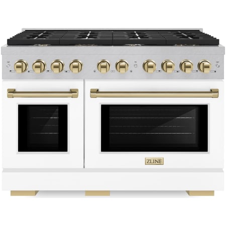 ZLINE Autograph Edition 48 Inch Wide 6.7 Cu. Ft. Free Standing Fingerprint Resistant Gas Range with Polished Gold Accents, White Matte Door, and Italian-Made Sealed Burners Stainless Steel / White Matte