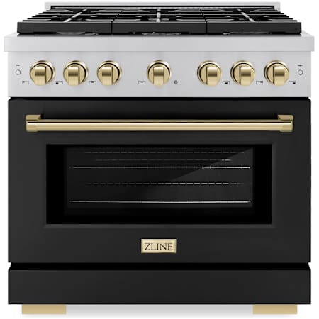 ZLINE Autograph Edition 36 Inch Wide 5.2 Cu. Ft. Free Standing Gas Range with Black Matte Door and Polished Gold Accents and Italian-Made Sealed Burners Stainless Steel / Black Matte
