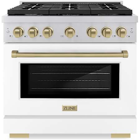 ZLINE Autograph Edition 36 Inch Wide 5.2 Cu. Ft. Free Standing Gas Range with Champagne Bronze Accents, Italian-Made Sealed Burners, and White Matte Door Stainless Steel / White Matte