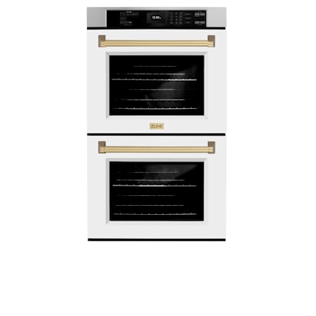 ZLINE Autograph Edition 30 Inch Wide 10 Cu. Ft. Electric Double Oven with Champagne Bronze Accents, Exclusive Handle Design, True Convection Cooking, and White Matte Doors Stainless Steel / White Matte