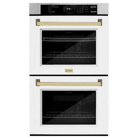 ZLINE Autograph Edition 30 Inch Wide 10 Cu. Ft. Electric Double Oven with Exclusive Handle Design, Polished Gold Accents, True Convection Cooking, and White Matte Doors Stainless Steel / White Matte