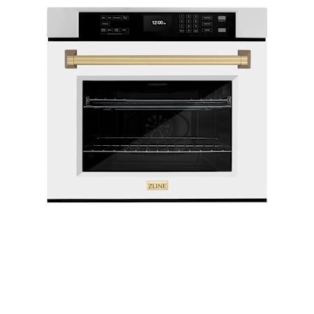 ZLINE Autograph Edition 30 Inch Wide 5 Cu. Ft. Electric Single Oven with Champagne Bronze Accents, Exclusive Handle Design, True Convection Cooking, and White Matte Door Stainless Steel / White Matte