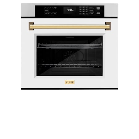 ZLINE Autograph Edition 30 Inch Wide 5 Cu. Ft. Electric Single Oven with Exclusive Handle Design, Polished Gold Accents, True Convection Cooking, and White Matte Door Stainless Steel / White Matte