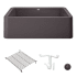 Blanco Ikon 33" Farmhouse Single Basin Granite Composite Kitchen Sink with Basin Rack and Basket Strainer Cinder