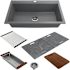 Bocchi Baveno Lux 33-3/4" Undermount Single Basin Granite Kitchen Sink with Basket Strainer, Colander, Cutting Board and Sink Covers Concrete Gray